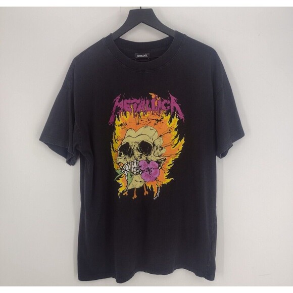 Metallica Pushead DOUBLE SIDED Flaming Skull Heart Rose Fire T-Shirt Mens M - Picture 1 of 8